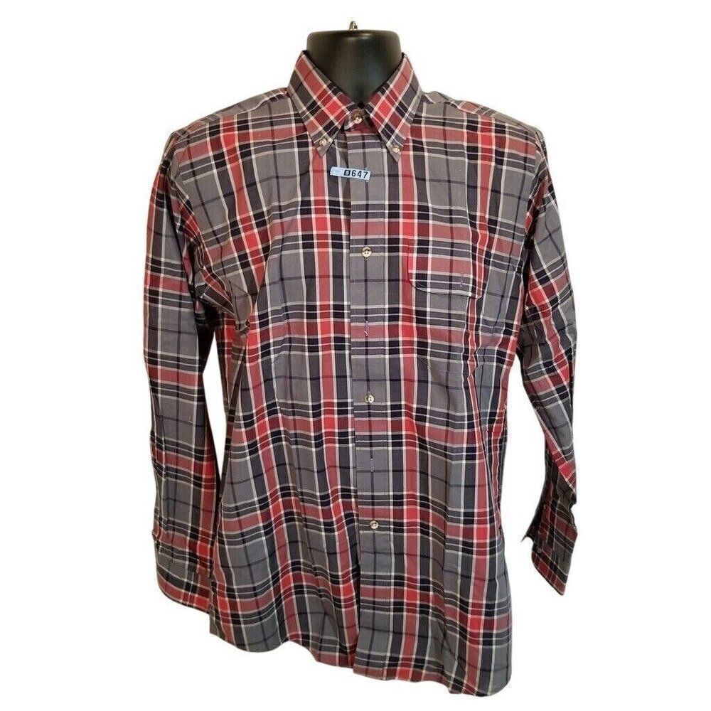 Vintage 80s Lands End Button Up Shirt Mens M Red Black Plaid Long Sleeve